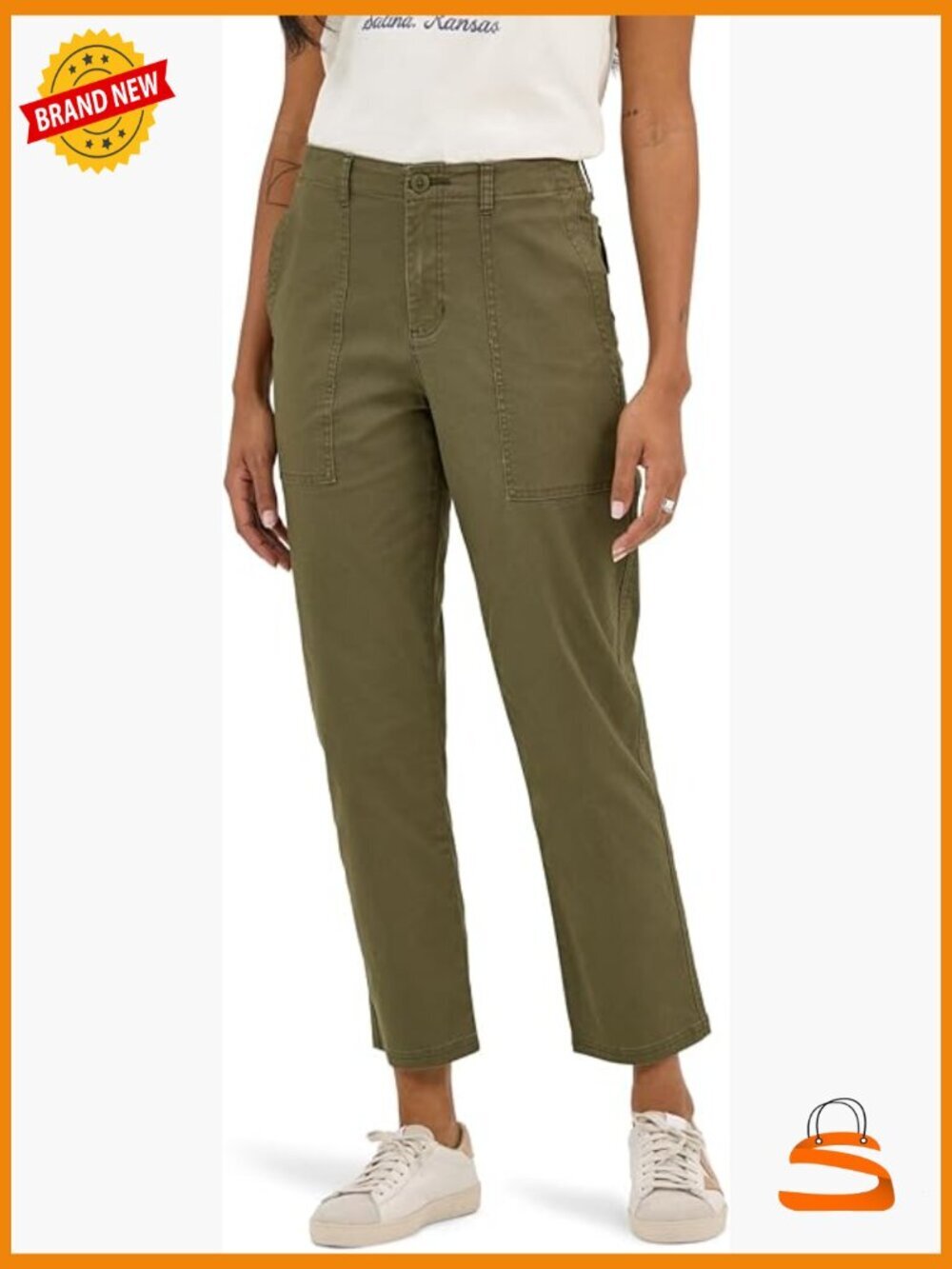 Mid Rise Straight Leg Crop Pants with Patch Pockets, Cotton Blend Stretch